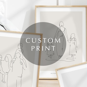 May include: Three framed prints featuring black line drawings of families. The first print depicts a family of four walking, the second print shows a family of four with the father holding two children on his shoulders, and the third print shows a single person standing with their head down. The text "CUSTOM PRINT" is superimposed on the image.