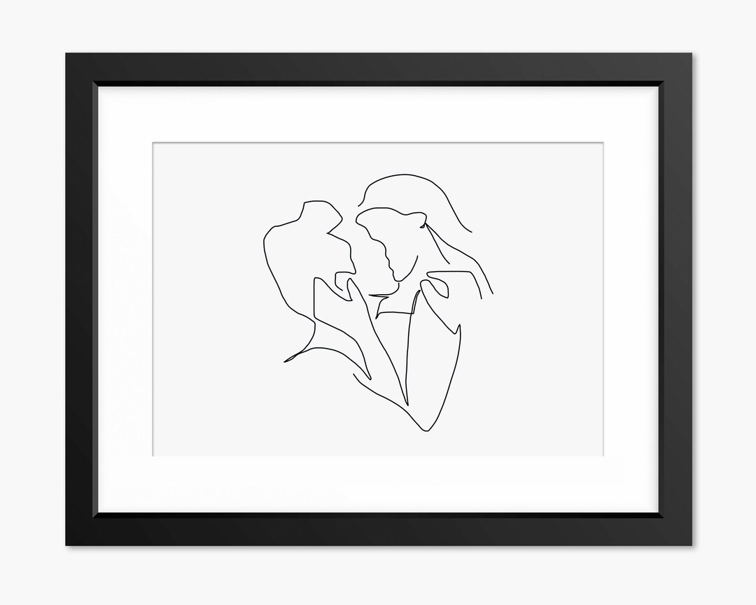 Couple Kiss Line Art, Line Art of Couple, Kissing Couple, Romance Art