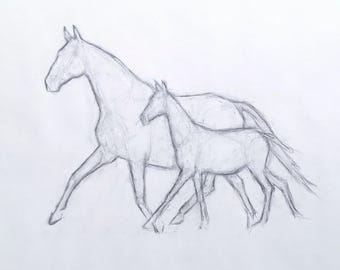 ORIGINAL Horse Charcoal Drawing - Contemporary Equine Art - Mare & Foal