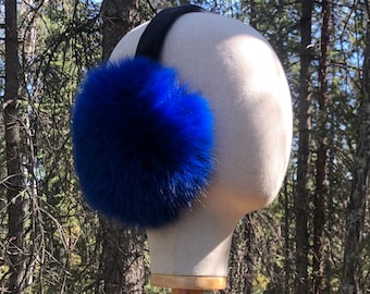 Alaskan Made - SAGA Blue Dyed Blue Fox Fur Earmuffs with Sheered Beaver Liner - FREE SHIPPING