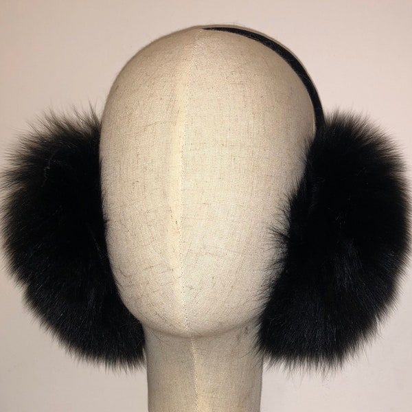 Alaskan Made - Black Dyed Shadow Fox Earmuff- Sheared Beaver Liner - FREE SHIPPING