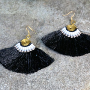 Black silk tassel fan on brass earrings