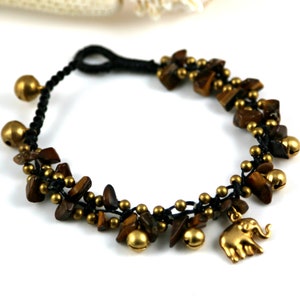 Tiger eye chips beaded bracelet with brass jingle bells and lucky elephant charm