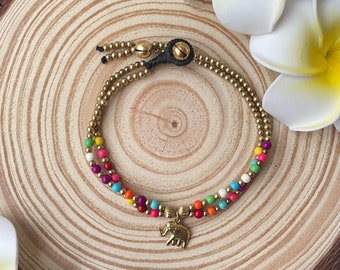 Colorful howlite beads with brass elephant charm bohemian style anklet