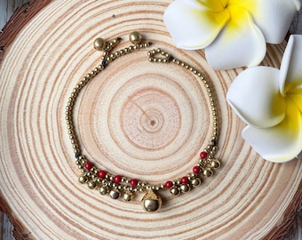 Red howlite beads and brass bells adult woman anklet