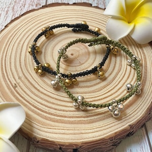 Waxed cord with Beads and Jingle Bells Bohemian/ Hippie Anklet