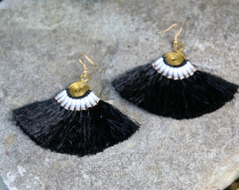 Black silk tassel fan on brass earrings