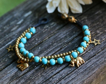 Blue turquoise with elephant brass charms layered bracelet