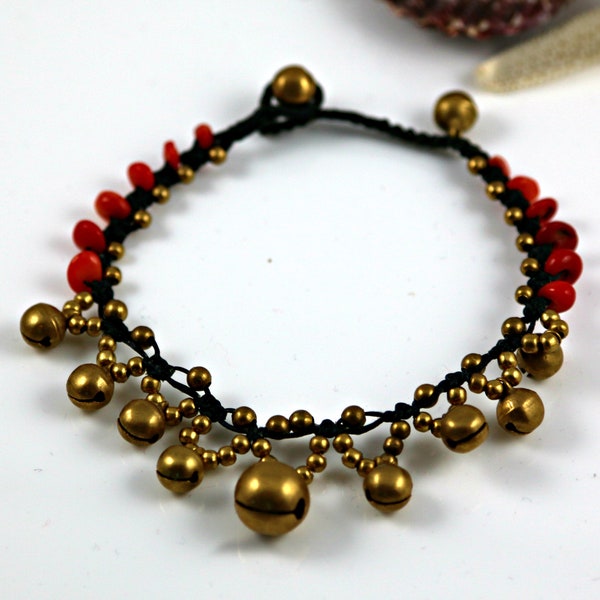 Red coral chips, brass bells ankle bracelet