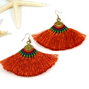 Orange copper silk tassel fan on brass earrings