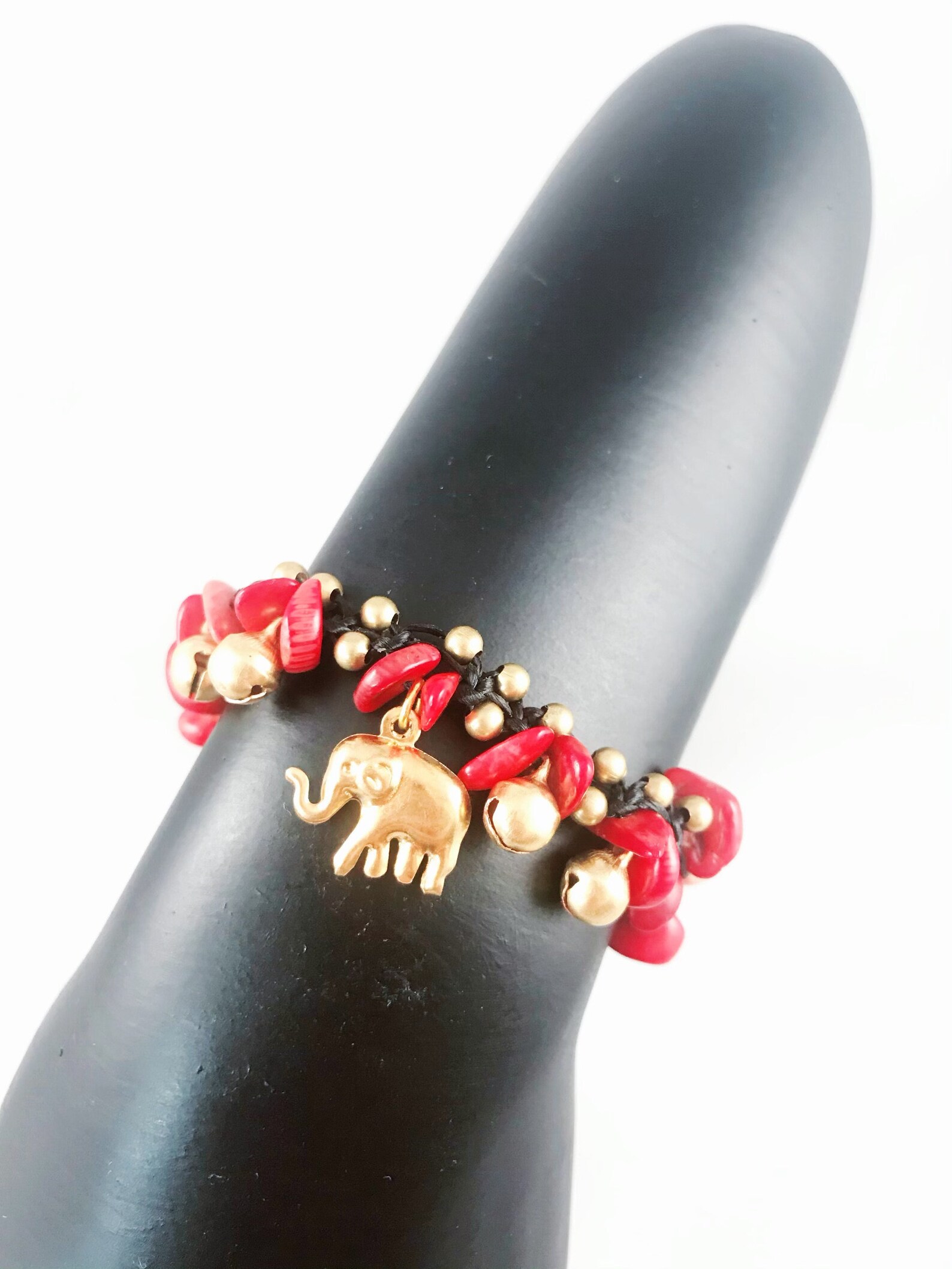 Red Coral Brass Elephant Bell Beaded Black Thread Bracelet - Etsy