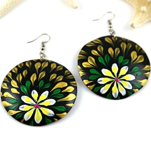 White and yellow flower hand painted coconut shell disc earrings