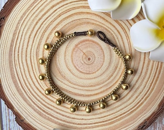 Jingle brass bells and brass beads layered ankle bracelet