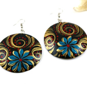 Blue flower hand painted coconut shell large circle disc earring