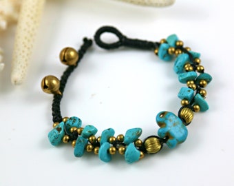Elephant blue turquoise and brass beaded bracelet
