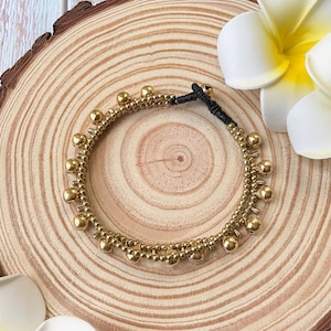 Jingle brass bells and brass teardrop beads layered ankle bracelet