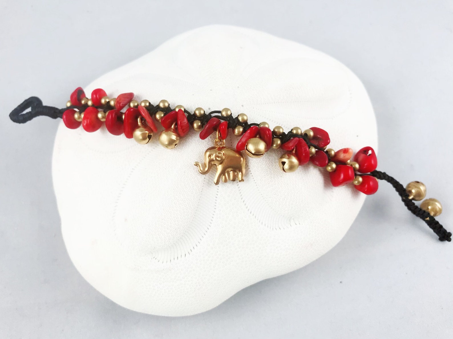 Red Coral Brass Elephant Bell Beaded Black Thread Bracelet - Etsy