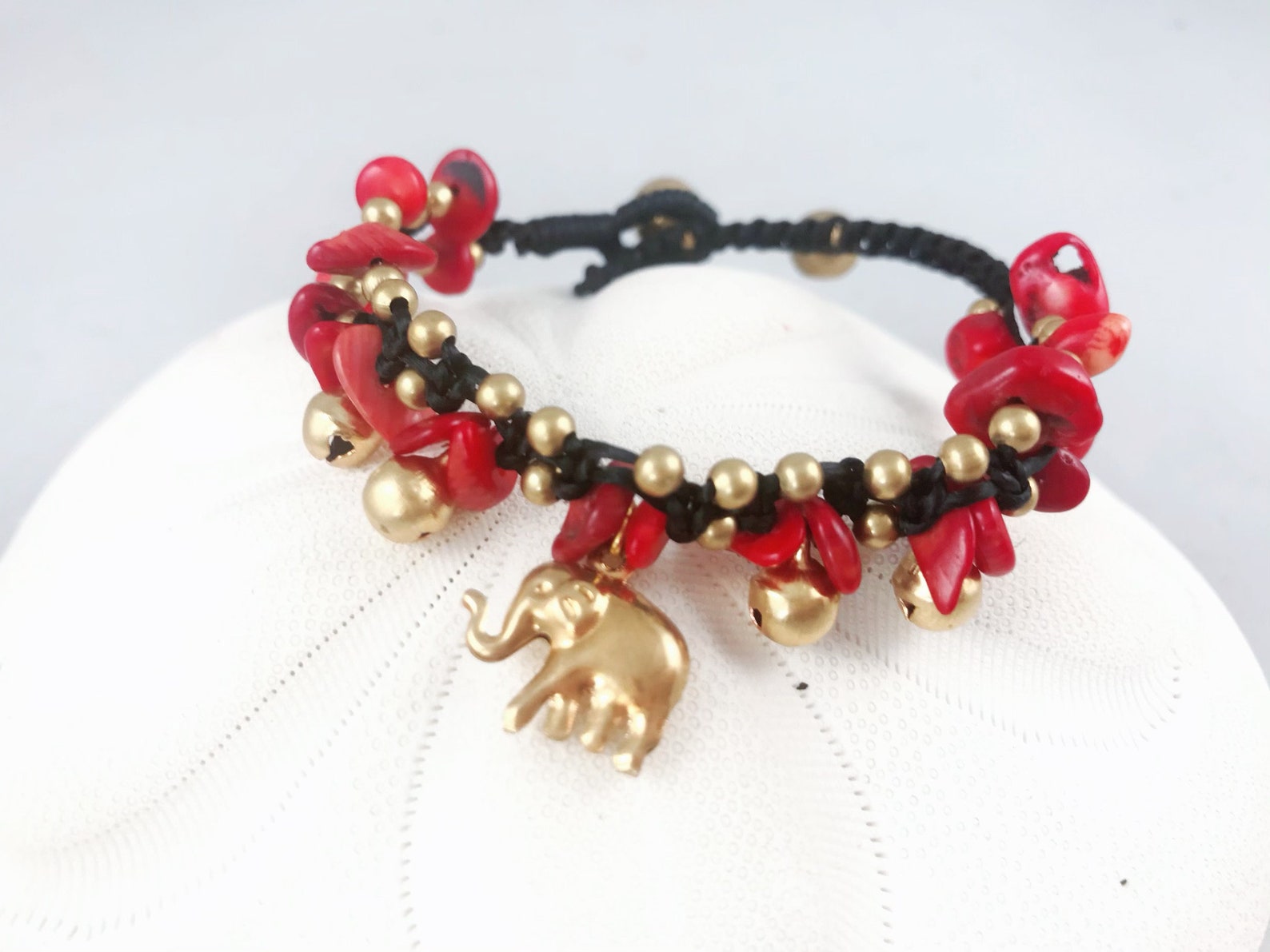 Red Coral Brass Elephant Bell Beaded Black Thread Bracelet - Etsy
