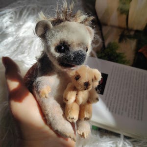 Needle Felted Porcupine with Teddy Bear: Handmade Wool Sculpture