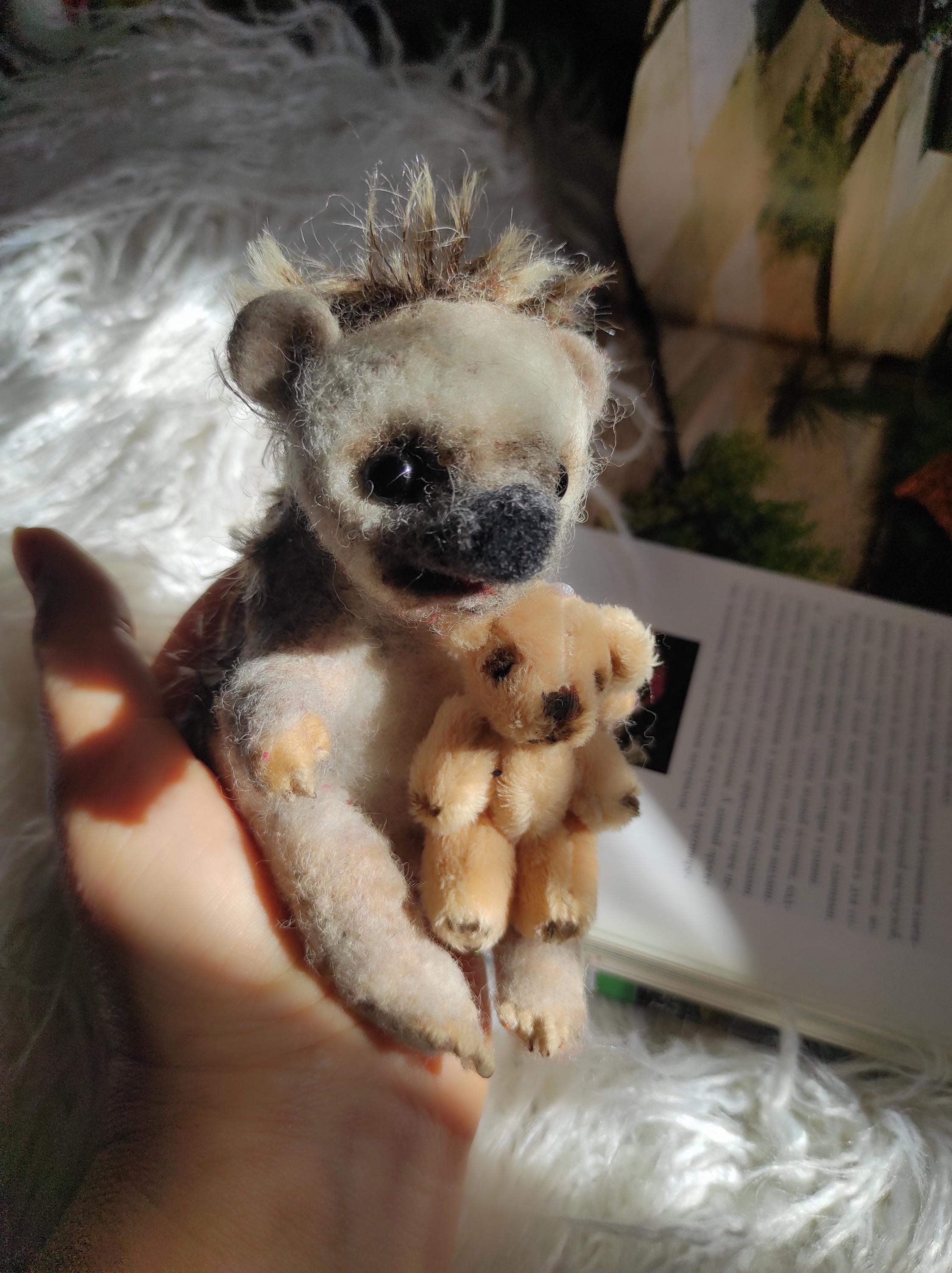 Needle Felted Porcupine with Teddy Bear: Handmade Wool Sculpture