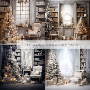 May include: A composite image displaying seven digital Christmas backdrop designs. Each design features a decorated Christmas tree, wrapped gifts, and elegant furniture. The colour palette is mainly white, cream, and gold, creating a festive and luxurious atmosphere.