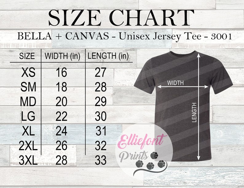 Bella Canvas 3001 Size Chart 3001C Size Chart Wood Background | Etsy