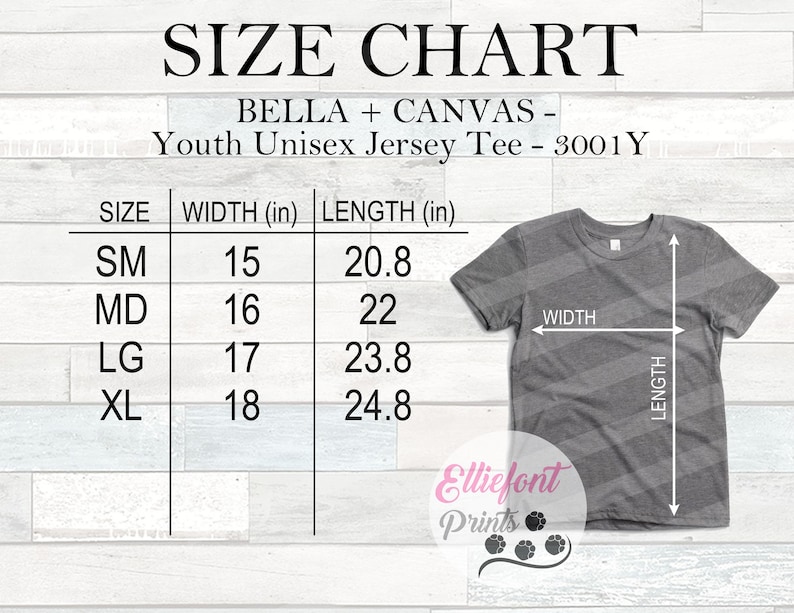 bella canvas 3001y size chart