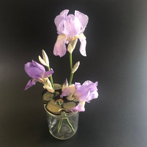 May include: A purple and white iris flower arrangement in a clear glass vase with a decorative flower frog.
