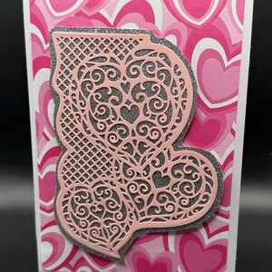 Clôture en forme de coeur découpée, Joyeuse Saint-Valentin, Mariage, Coeurs romantiques dans du papier, Cartes A2, Panneau avant, Unique, Coeurs complexes, Argenté