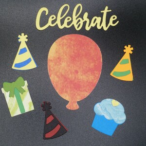 Enfeites para festa de aniversário/Cortes de feliz aniversário/Chapéus de festa/Confetes/Presentes, recortes de papel para presente/Enfeites para cupcakes