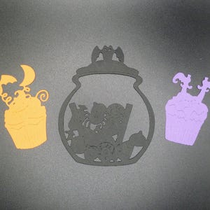 Cortes de Halloween, Feliz Dia das Bruxas, Cupcakes de Halloween, Pote de Doces, Bruxas, Morcegos, Lua, Decorações de Cartões de Halloween