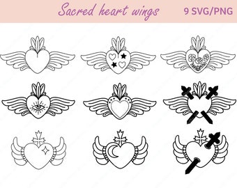 Sacred Heart Wings SVG PNG Bundle: Mexican Folk Art (Digital Download) Valentine