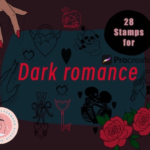 Puede incluir: Sellos de arte digital para Procreate con temática de romance oscuro. La imagen presenta ilustraciones de corazones, llaves, rosas y esqueletos. El texto incluye "Dark romance" y "28 Stamps for Procreate". La paleta de colores es rojo oscuro, negro y verde azulado.