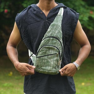 Handmade Boho Sling Bag – Natural Cotton Fabric, 3 Zipper Compartments, Adjustable Strap Hippie Bags Gift for Boyfriend