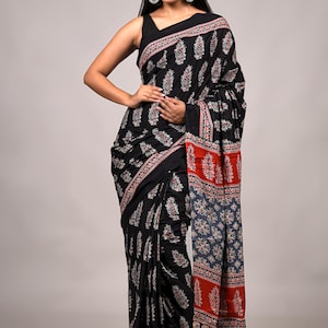 Black & Red Buti Print Cotton Saree with Blouse Piece