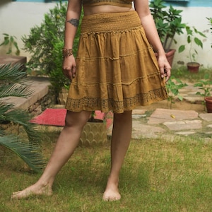 Hand Block Print Ruffle Mini Skirt: Smocked Waist Raw Cotton Bohemian Skirt