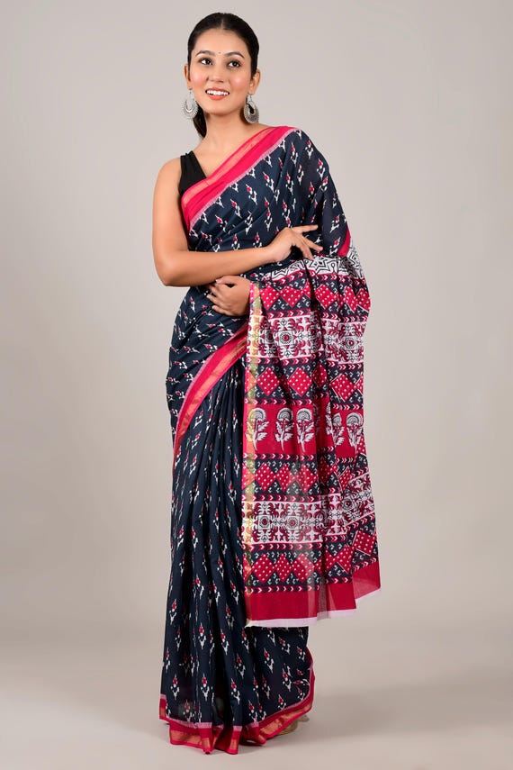 Sari di cotone rosso e nero, abbigliamento etnico, sari indiano