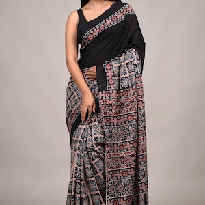 Black Cotton Saree with Red & White Ajrakh Pattern