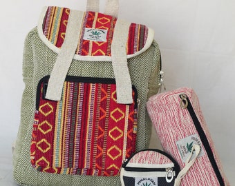Hanf Mini Rucksack, Mini Tasche mit Hanf Federmäppchen und Münztäschchen, Unisex Rucksack