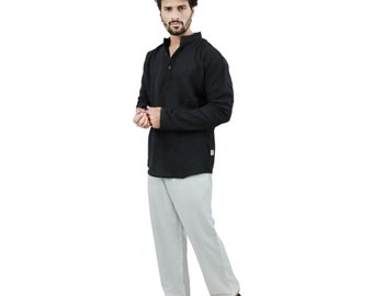 Bohemian Men’s Full Sleeve Black Band Collar Kurta Casual Wear Regular Fit  for Artist and Traveller