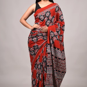 Black & Maroon Ajrakh Inspired Cotton Saree with Blouse