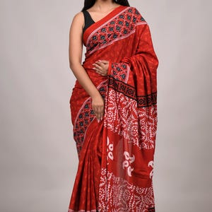 Red & Black Floral Vine Cotton Saree with Blouse
