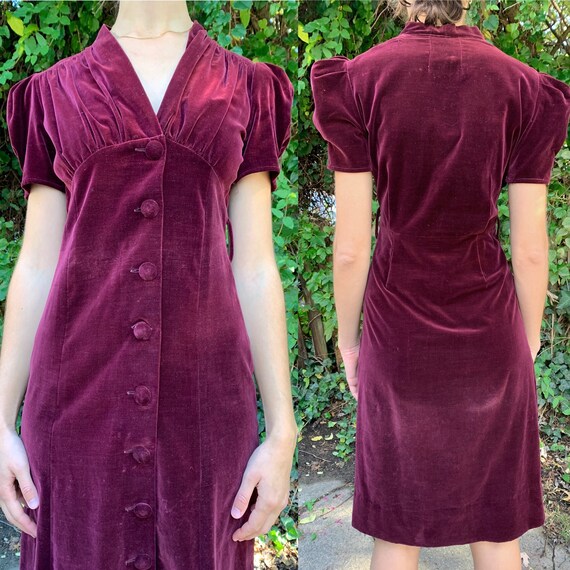 1940s Burgundy Puffed Sleeve Velveteen Dress [sm/m