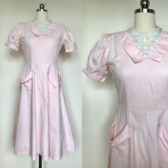 1930s petal pink puffed sleeve cotton dress size m