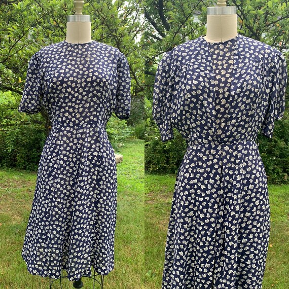 1930s Navy Novelty Print Cold Rayon Dress Set with