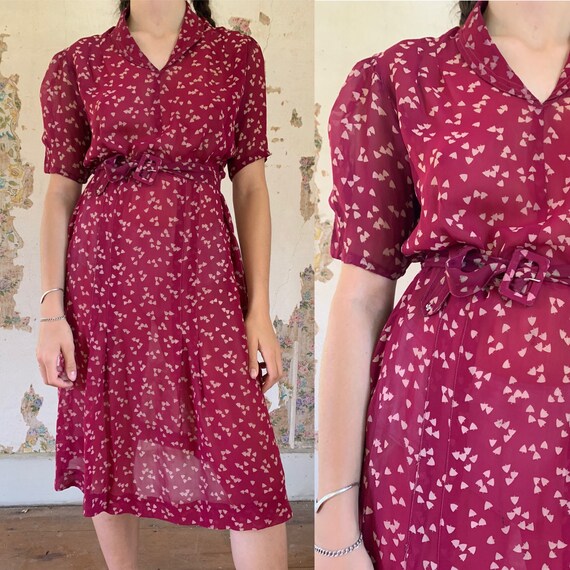1930s Burgundy Silk Chiffon Puff Sleeve Dress [med
