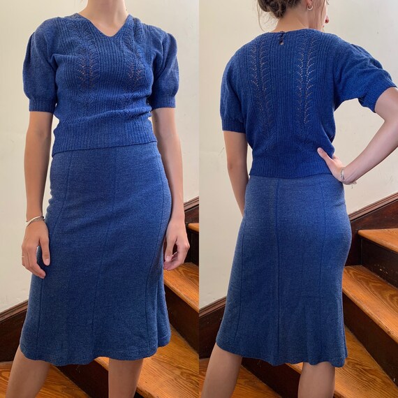 1930s Art Deco Cotton Cobalt Blue Knit Set [xs/sm/