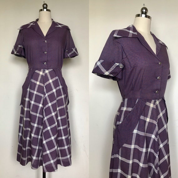 1940s purple plaid cotton dress size sm/med