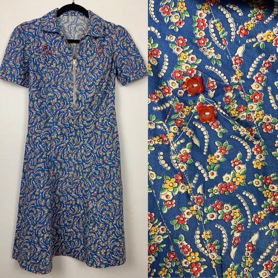 1930s Floral Cotton Feedsack Puffed Sleeve Dress w