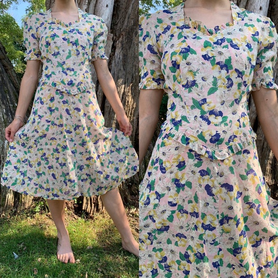 1930s Pink Floral Cotton Voile Frock with Puffed S
